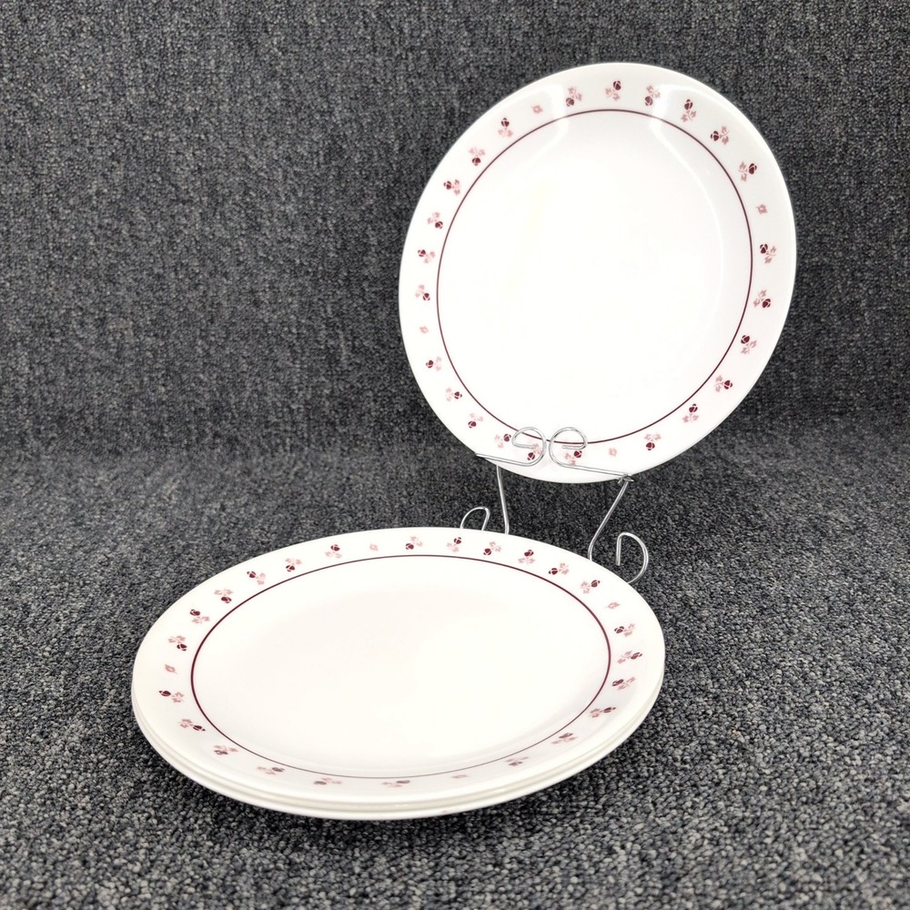Corelle Dinner Plates Burgundy Rose 10.25" White Red Floral Vintage Set of 4